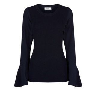 Sandro Blue Ruddy Silk Bell Sleeve Ribbed Sweater Blouse (Size 0)